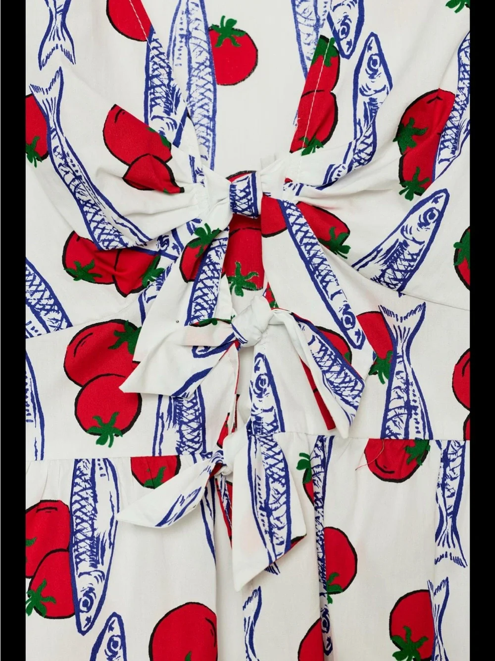 Zara White Puff-Sleeve Tie-Front Blouse with Red Tomato Print